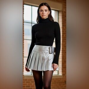 SHEIN Ele Petrella Faux Leather Silver Pleated Slit Buckle Micro Mini Skirt S
